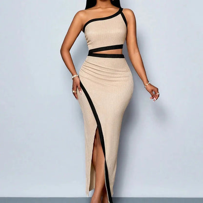 Sexy One-Shoulder Waist-Cutout High Slit Dress