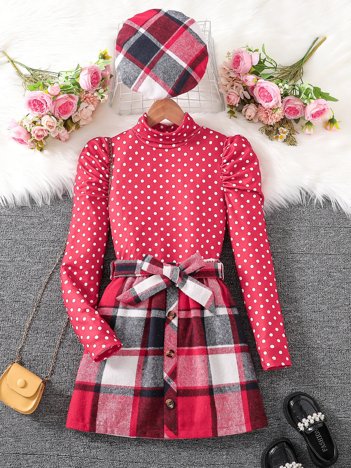 Spring and fall red high neck bubble long sleeve red plaid skirt + hat 3-piece Set
