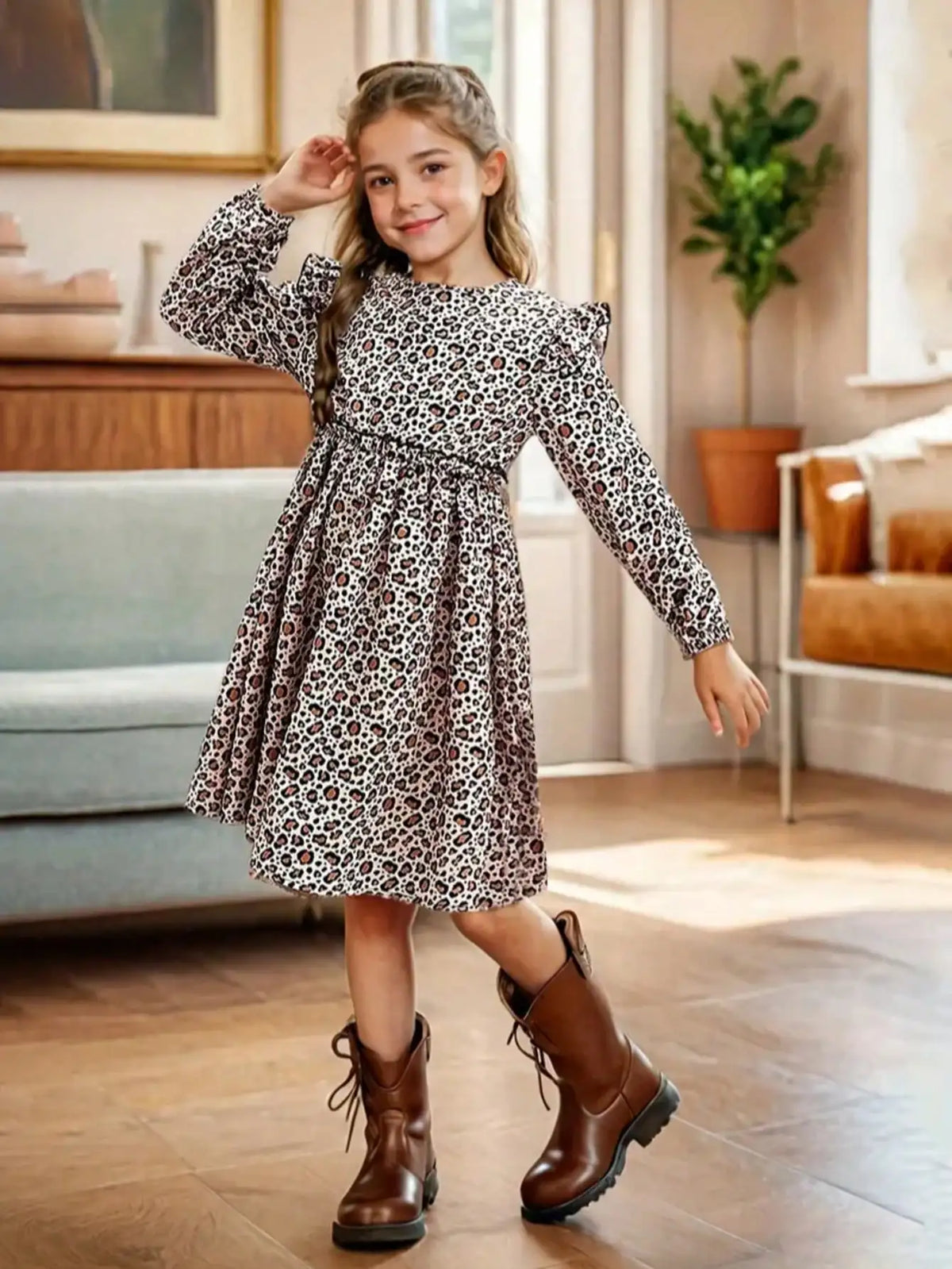 Elegant Four Season Leopard Print Long-Sleeved Ruffle Edge Dress
