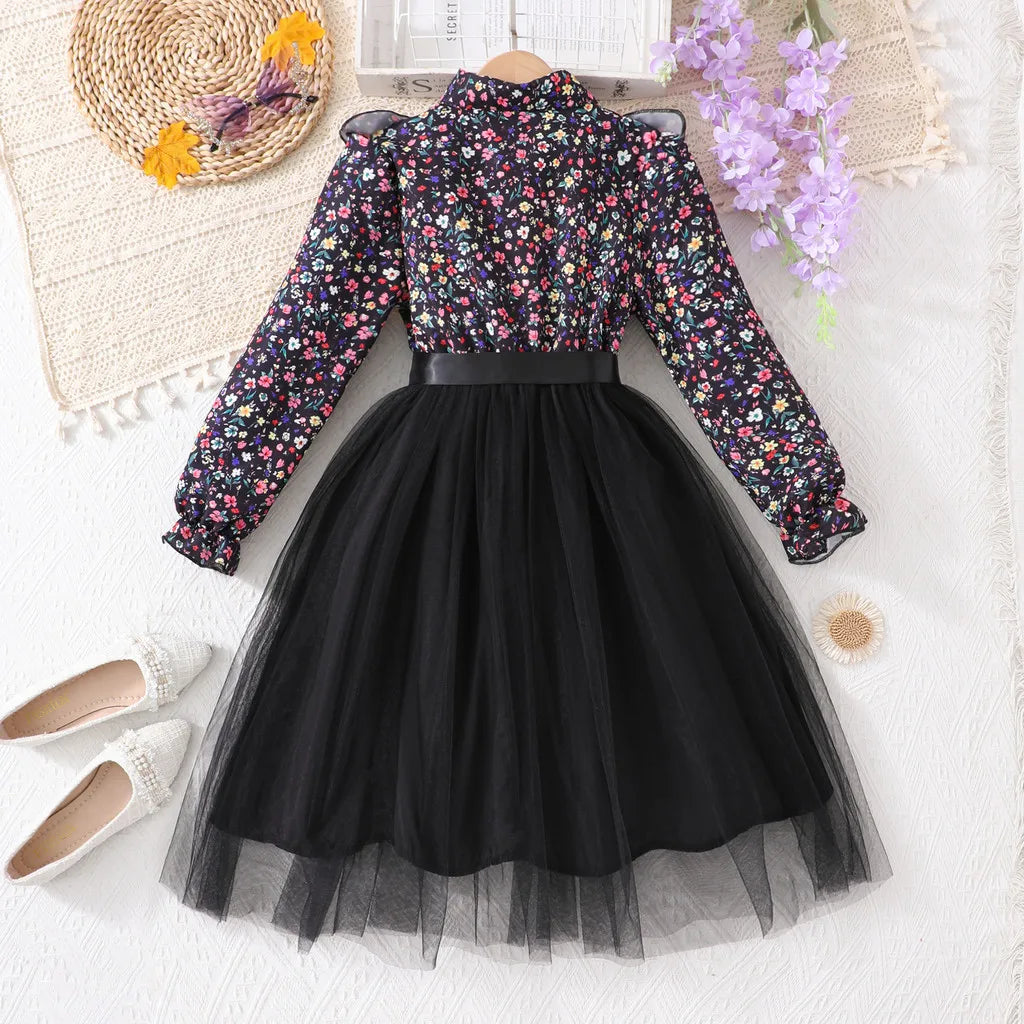 Black Long Sleeve Floral Gauze Belt Casual Elegant Teen Princess Dress