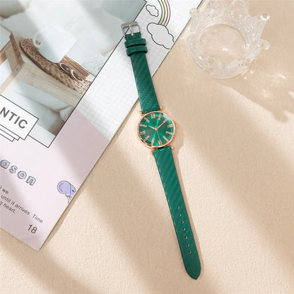 Luxury Diamond Roman Quartz Green Leather Strap Wristwatches