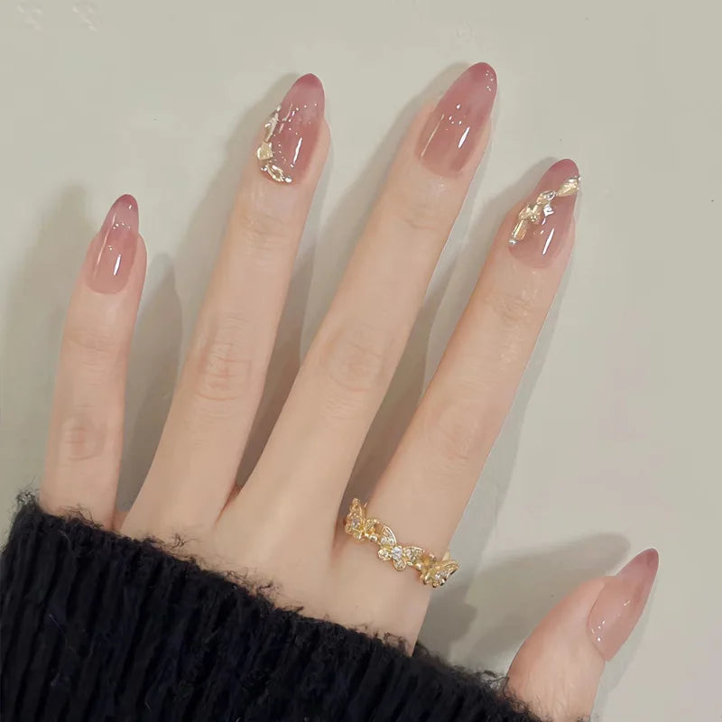24pcs/Box Long Coffin False Nails Art Rose with Glue Wearable Jelly Nails