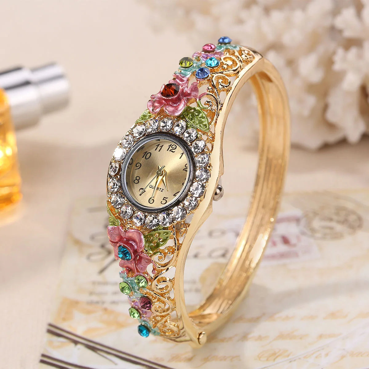 Luxury Watches Retro Elegant Flower Diamond Stainless Steel Quartz Wristwatches