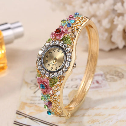 Luxury Watches Retro Elegant Flower Diamond Stainless Steel Quartz Wristwatches