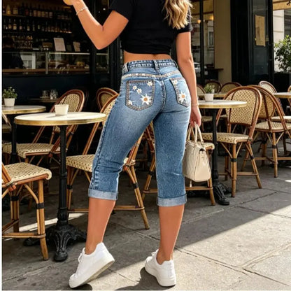 Elasticity Tight Fitting American Style High Waisted Calf-Length Jeans Pants