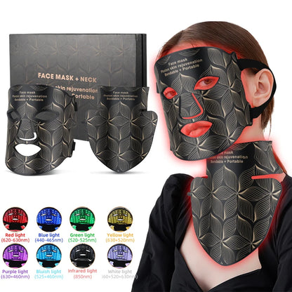 LED Facial Mask with Neck 8 color Near-infrared Red Facial and Neck Photon Oil Control Skin Firming Whitening and Anti Rednes