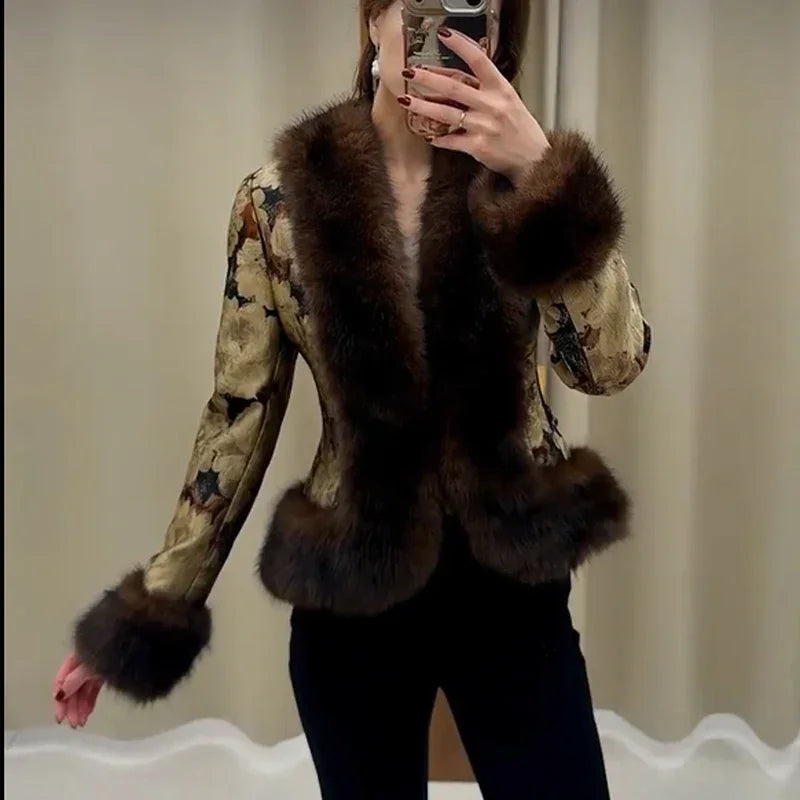 Floral Jacquard Furry Faux Fur Cuffs Patchwork Jacket