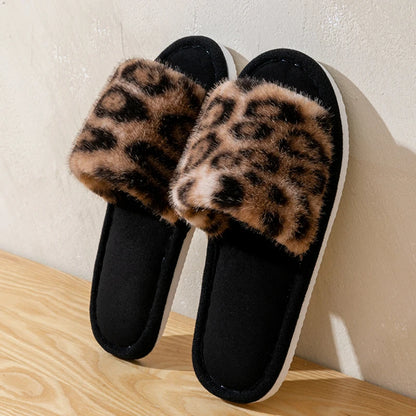 Leopard Print Plush Home Non-Slip Sole Soft Open Toe Slippers
