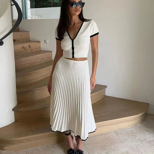 Long Skirt Suit Short Sleeve V-neck elegant dress set