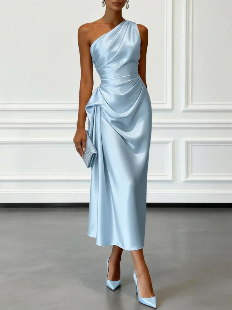One Shoulder Satin Midi Dress With Ruched Waist Sleeveless