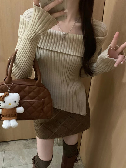 Off Shoulder Sweater Long Sleeve Ribbed Knit Sweater Fitted Pullovers