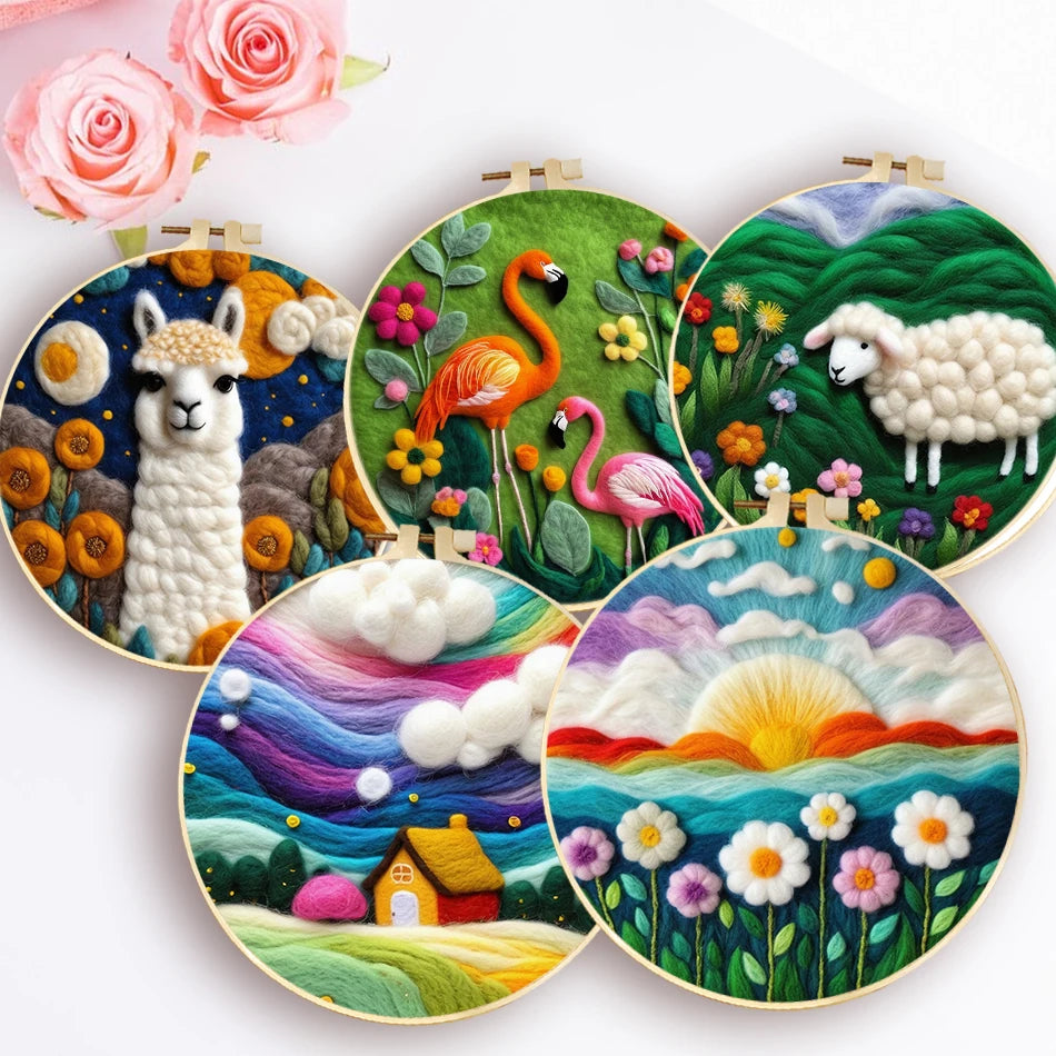 20x20cm Frame DIY Wool Needle Felting Starter Embroidery Kits