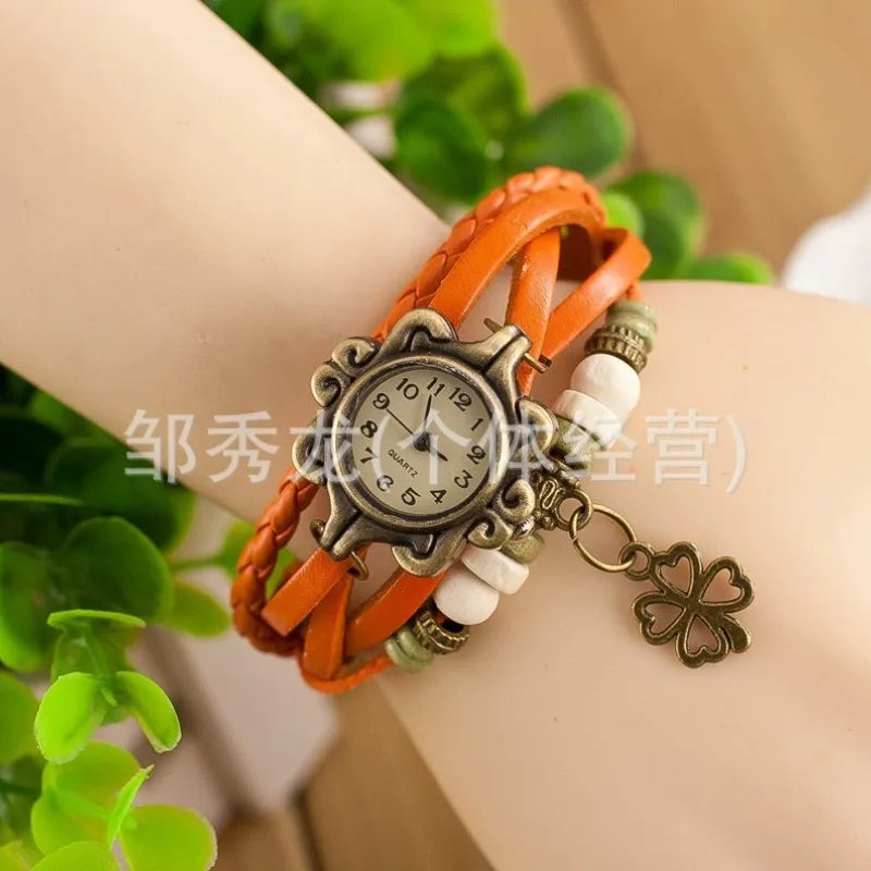 Vintage Leather Bracelet Butterfly Clover Pendant Quartz Watch