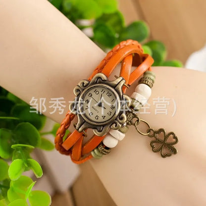 Vintage Leather Bracelet Butterfly Clover Pendant Quartz Watch