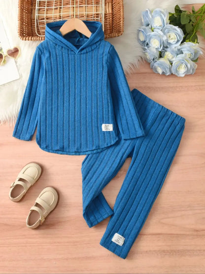 Girls' Casual Ribbed Long-Sleeved Hoodie And Trousers Set
