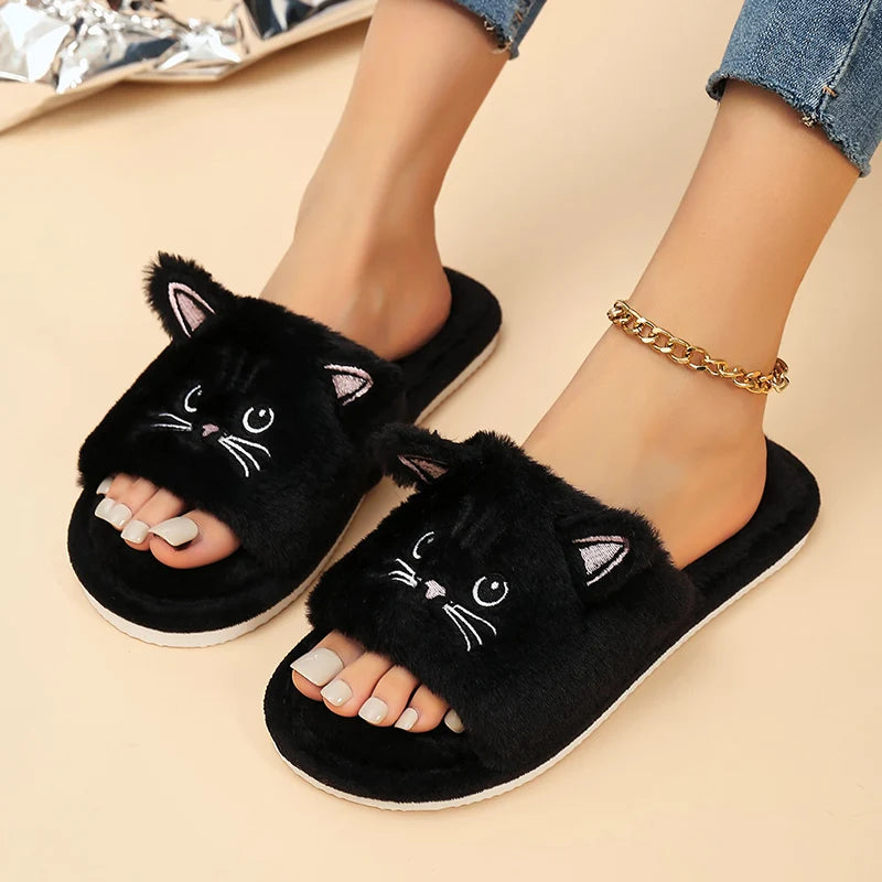 Fluffy Flat Cat Cartoon Luxury Slippers