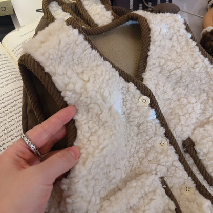 Autumn Winter Baby Lamb Wool Warm Waistcoat Girls Bunny Ears Plush Vest