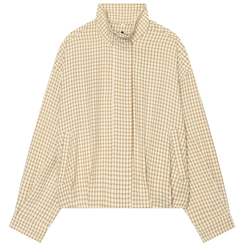 Plaid Bomber Oversized Long Sleeve Top Casual Zipper Jacket