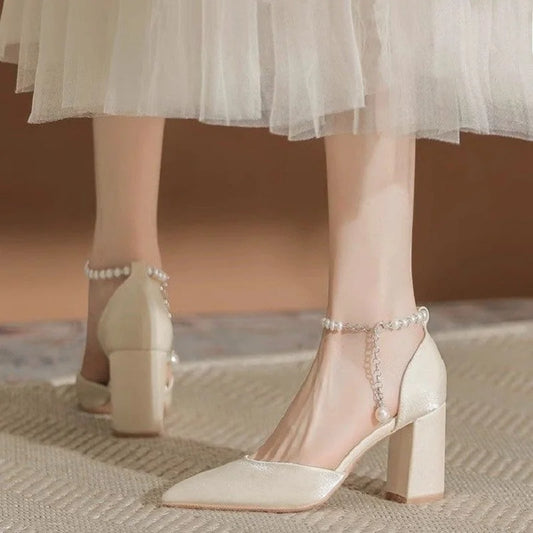 Elegant Pearl-Embellished Satin Chunky Shoes