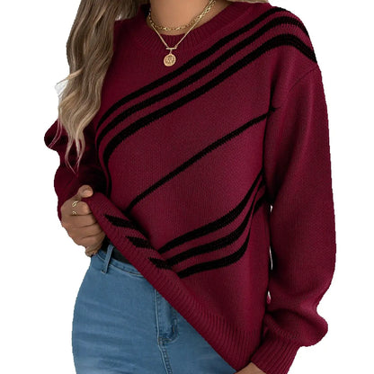 Twill Texture Color Block Round Neck Long Sleeve Cabin Core Knit Pullover