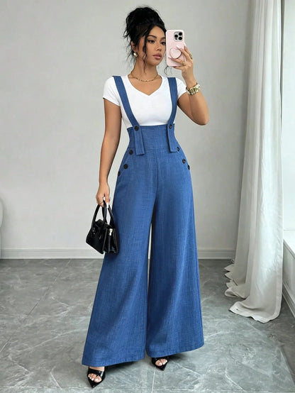 Casual Elegant Button Detail Wide Leg Pants Overalls
