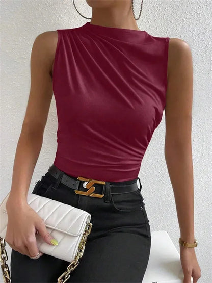 Casual Mock Neck Ruched Tank Top Sleeveless  Shirt