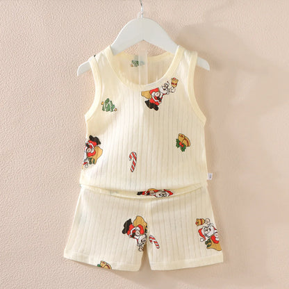Cartoon Thin Style Sleeveless Baby Pajamas Set
