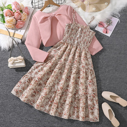 Kid Girl Long Sleeve Bow Sling Dress Set