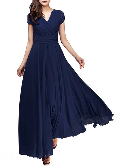 Short Sleeve Long Cocktail Chiffon High Waist Dresses