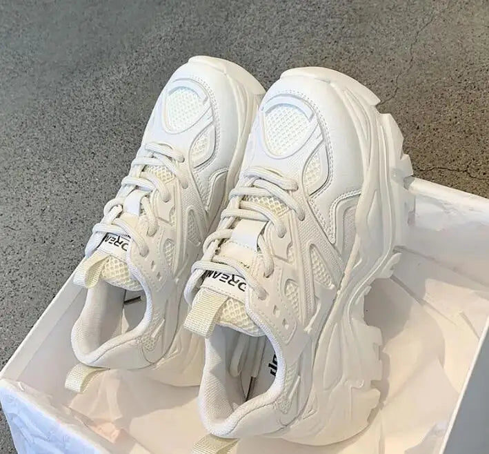 Black Chunky Mesh Leather Sneakers Shoes