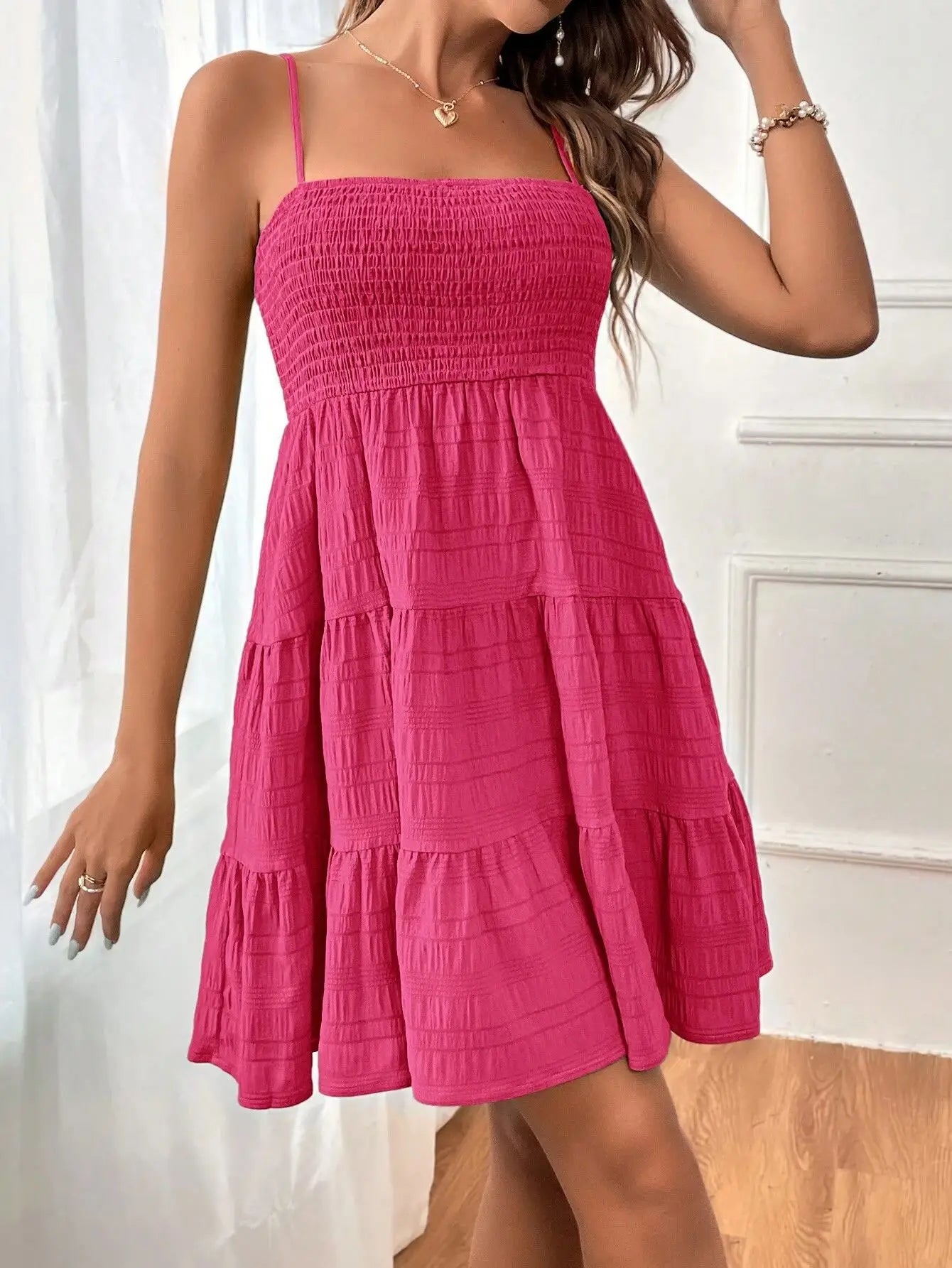 Spaghetti Strap Smocked Bustier Mini Swing Dress