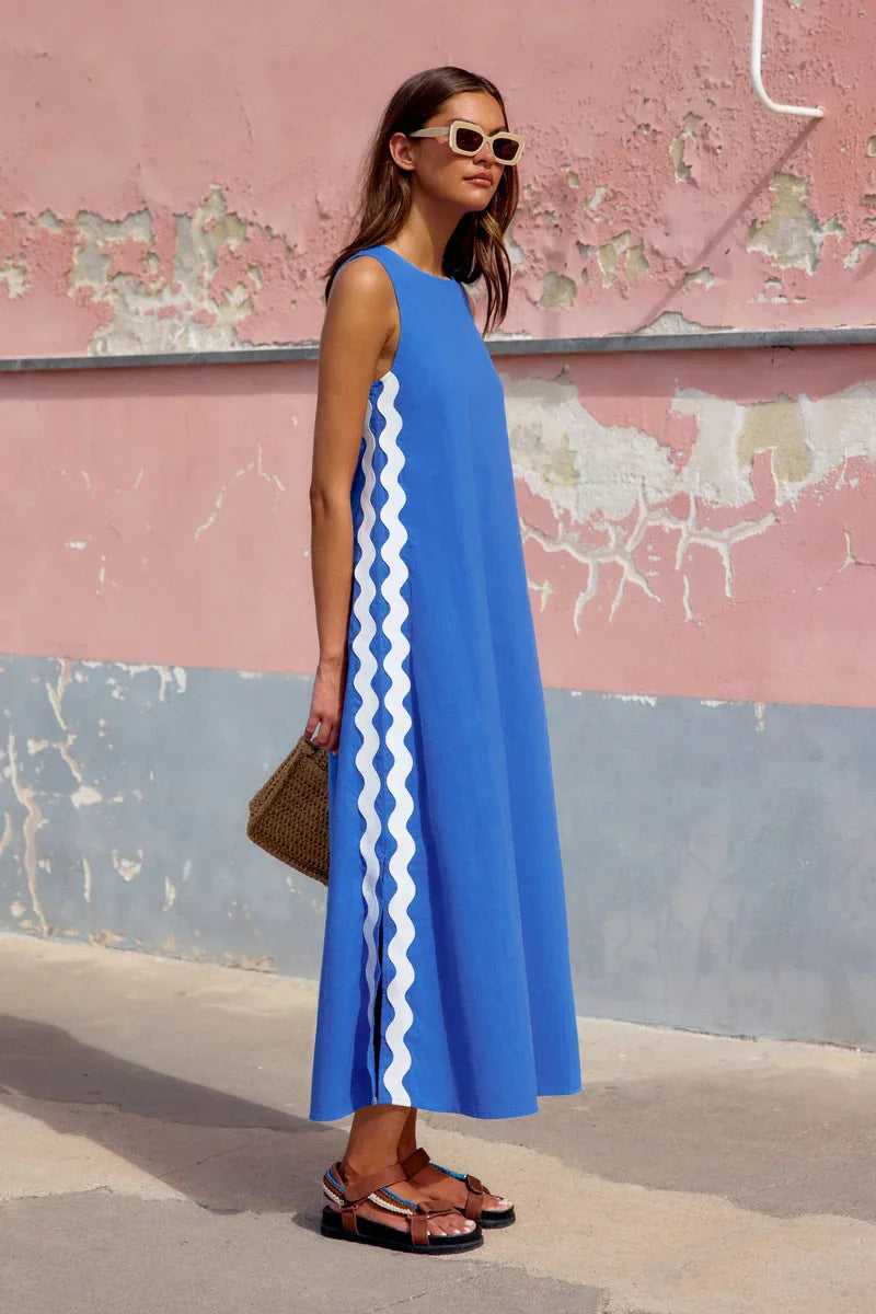 Summer Loose Casual O-neck Sleeveless Split Vintage Midi Dress