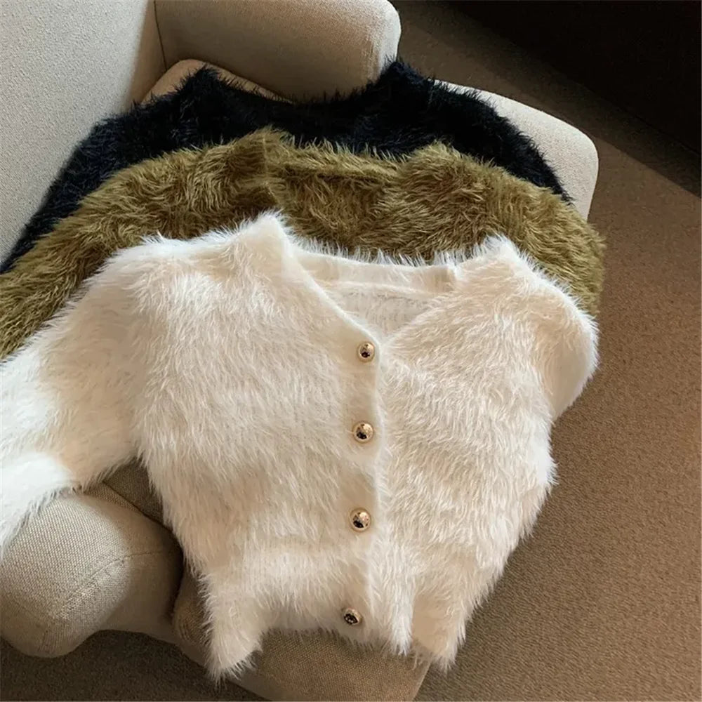 Streetwear Korean Knitwear Solid Slim Jumpers Cropped Mohair Sweater Coat