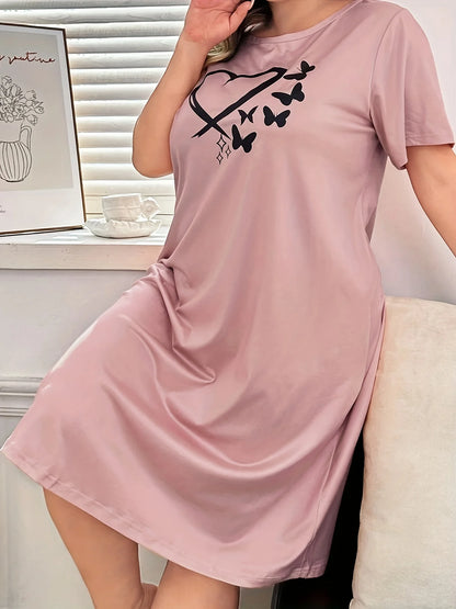 Plus Size Short Sleeve Sleep Dress Heart & Butterfly Print Soft