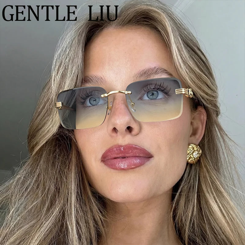 Rectangle Rimless Punk Luxury Metal Frame Sun Glasses