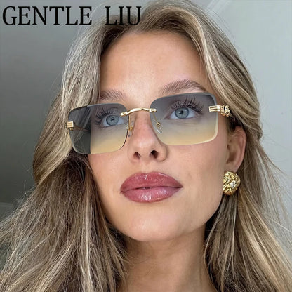 Rectangle Rimless Punk Luxury Metal Frame Sun Glasses