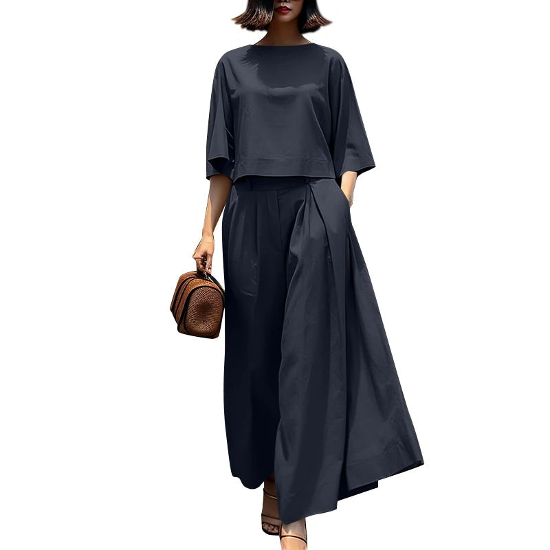 3/4 Sleeve Blouse Trousers Suits Wide Leg Pants Sets