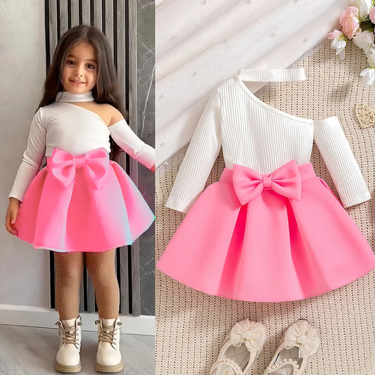 New Year 0-4Years Long Sleeve Big Bow Top Pink Half Skirt Toddler Autumn Sets