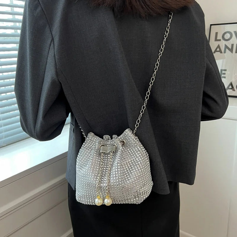 Sparkling Rhinestone Embellished Drawstring Crossbody Bag
