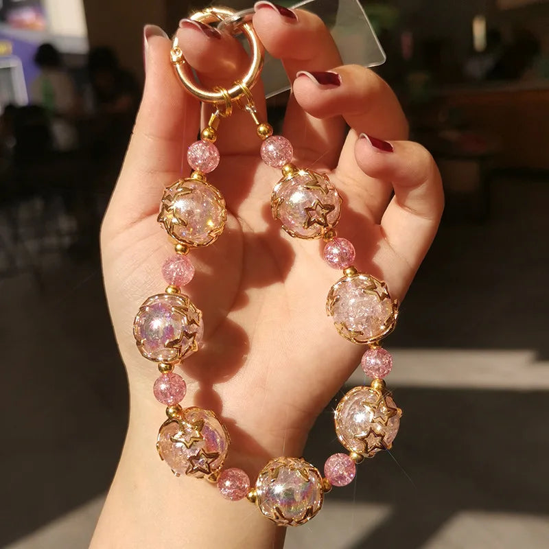 Short Phone Lanyard Wrist Dreamy Starry Sky Crystal Bead