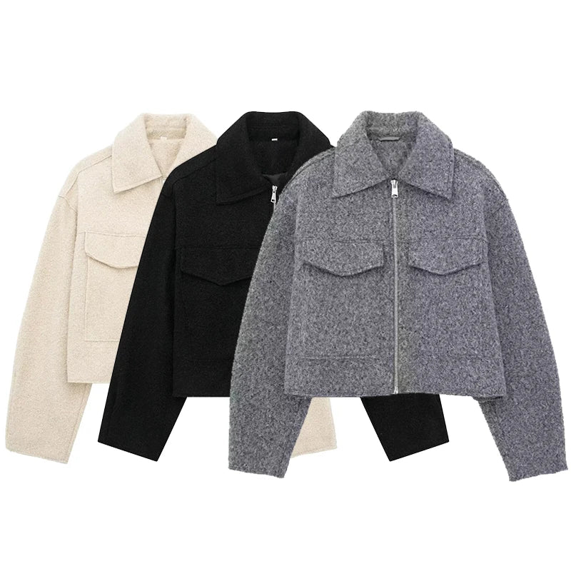 Grey Front Zipper Vintage Lapel Neck Long Sleeves Chic Jacket