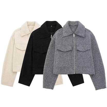 Grey Front Zipper Vintage Lapel Neck Long Sleeves Chic Jacket