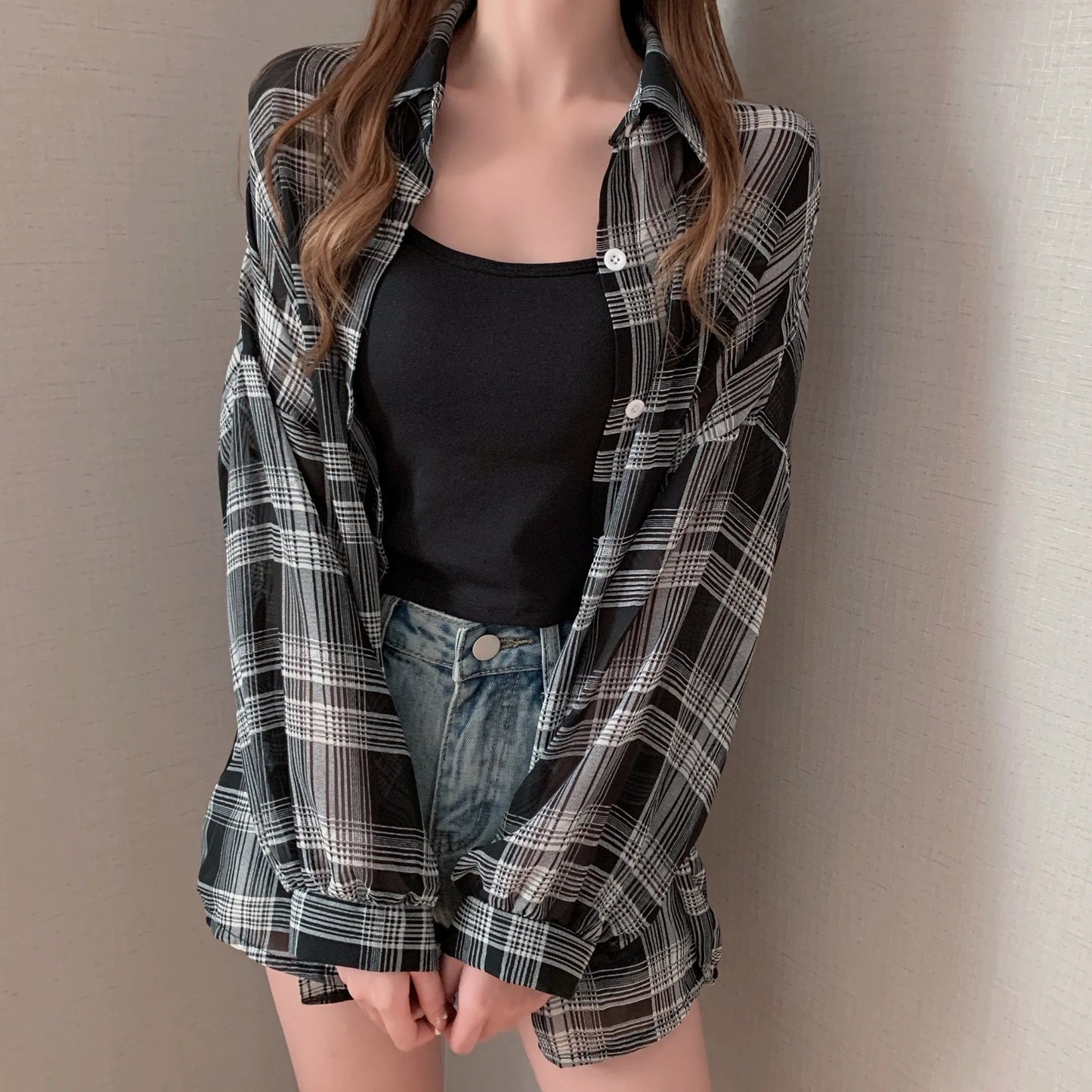 Sheer Chiffon Plaid Oversized Shirt