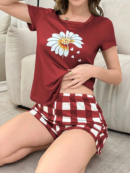 Elegant Floral Print Shorts Sleeved Pajamas Set
