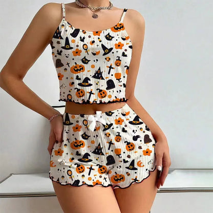 Halloween Pumpkin Print Sleepwear Lettuce Loungewear Pajama Set