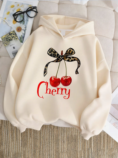 Leopard Bow with Cherry Print Hoodie Sweatshirt Y2k Hoody