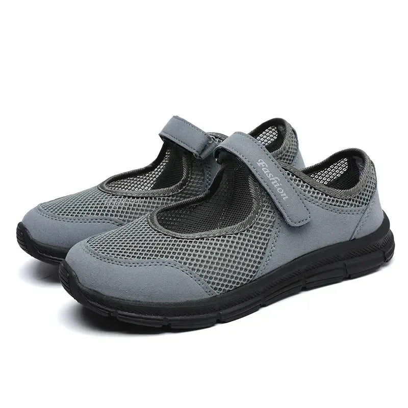 Gray breathable mesh Mary Jane shoes with Velcro strap and black soles for women