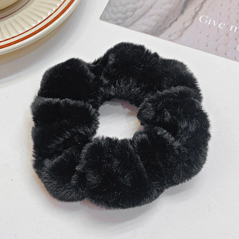 Solid Soft Plush Wide Hair Band Ponytail Holder Hair Tie Fluffy Rubber Band