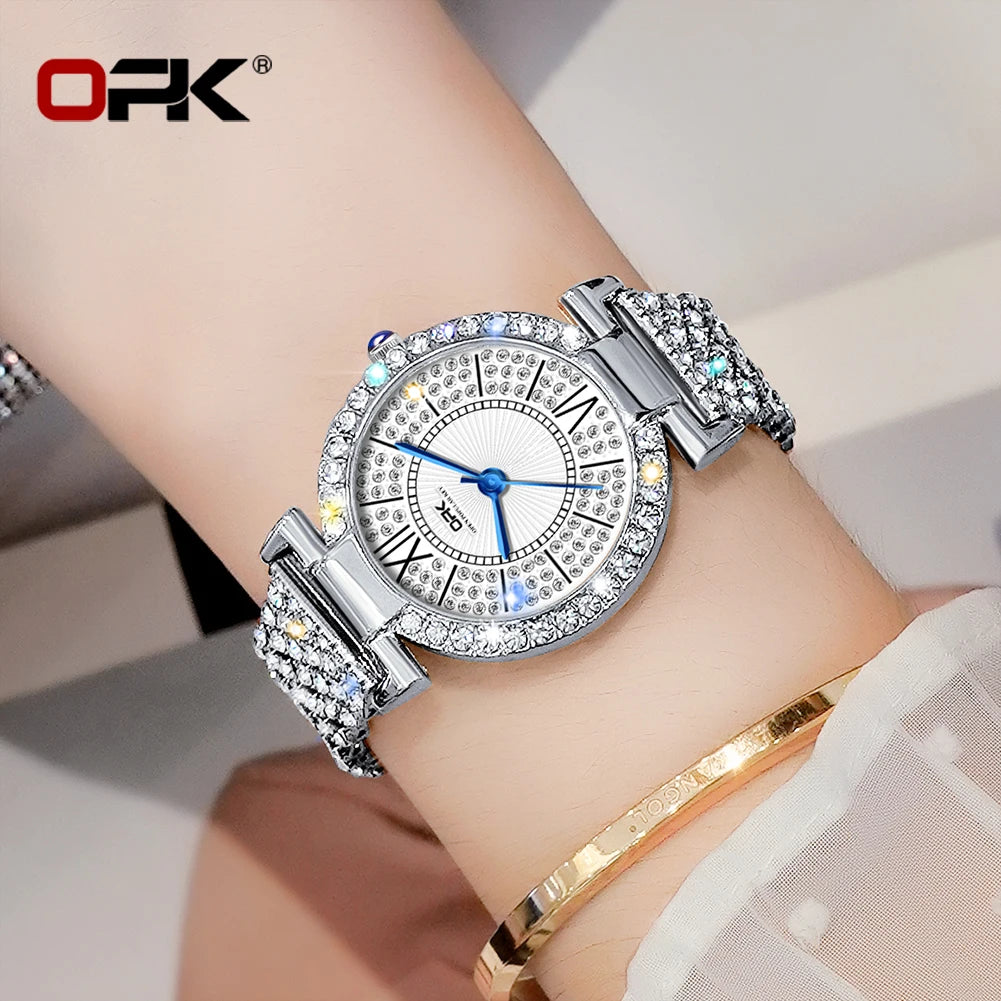 Full Diamond Waterproof Roman Scale Steel Belt Quartz Watch