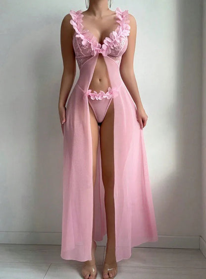 3D Floral Lace Lingerie Dress Nightgown Set